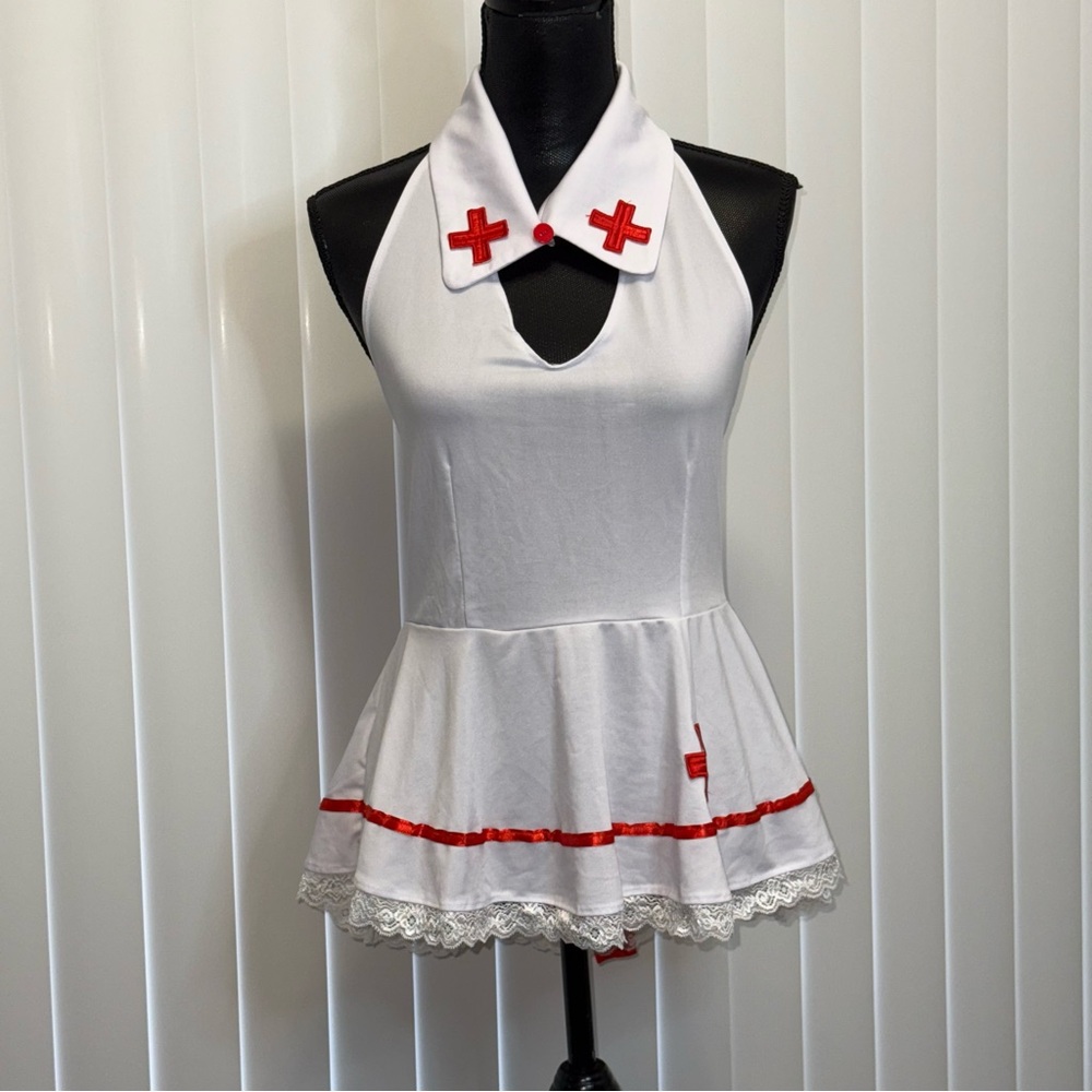 White and Red Backless Nurse Costume